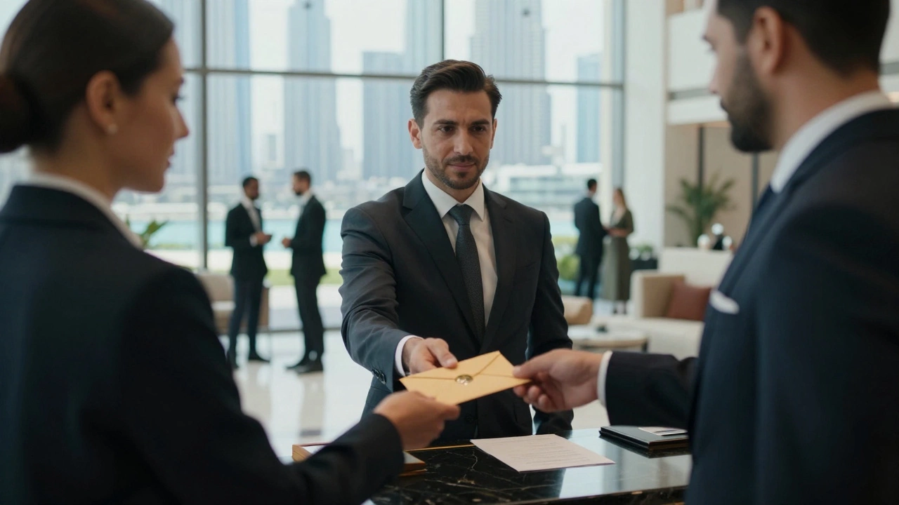 A man receiving a sealed envelope at a high-end hotel concierge desk in Dubai.