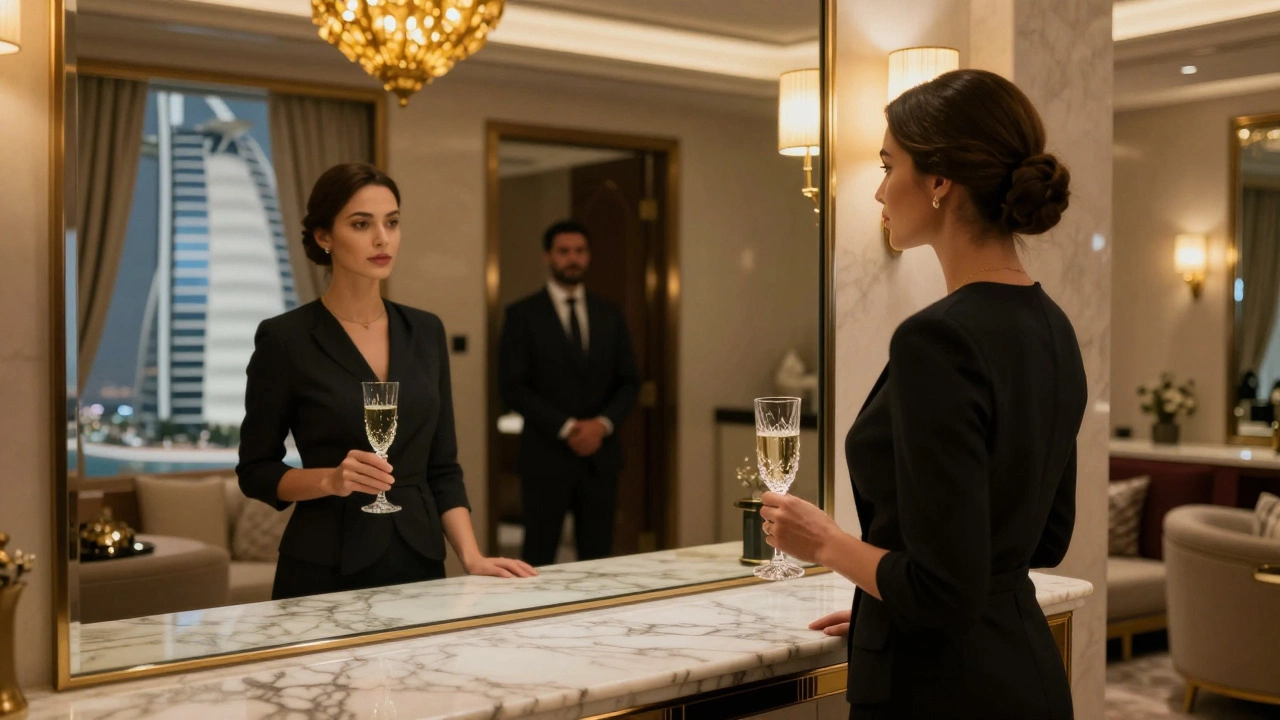A poised woman in an elegant gown holding champagne in a luxurious Burj Al Arab lounge.