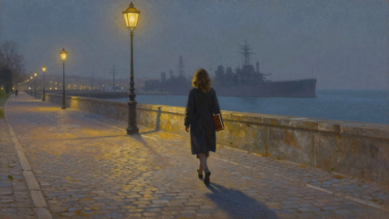 A solitary woman walks a lantern-lit promenade at night, her shadow stretching ahead on cobblestones.