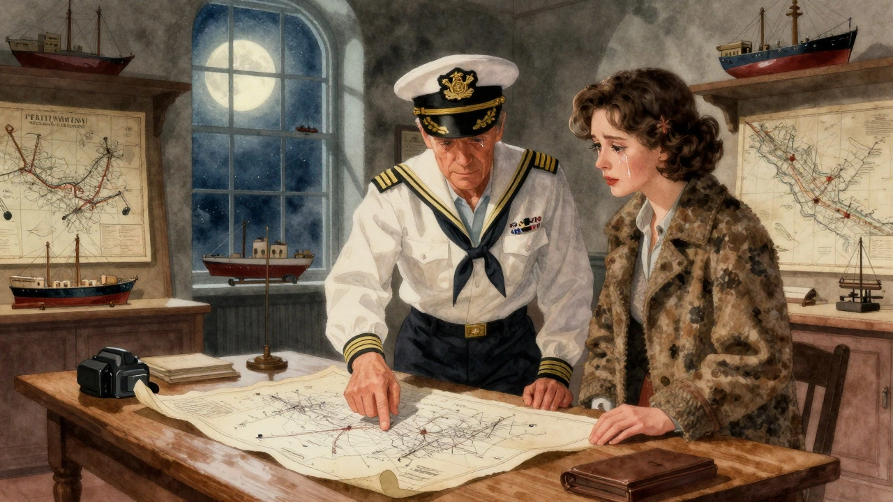 A woman and a retired officer examine an old naval blueprint in a quiet museum after hours.